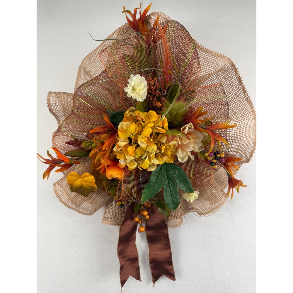 Handmade Fall Floral Wreath Burlap Deco Mesh Orange Yellow Hydrangea Decor